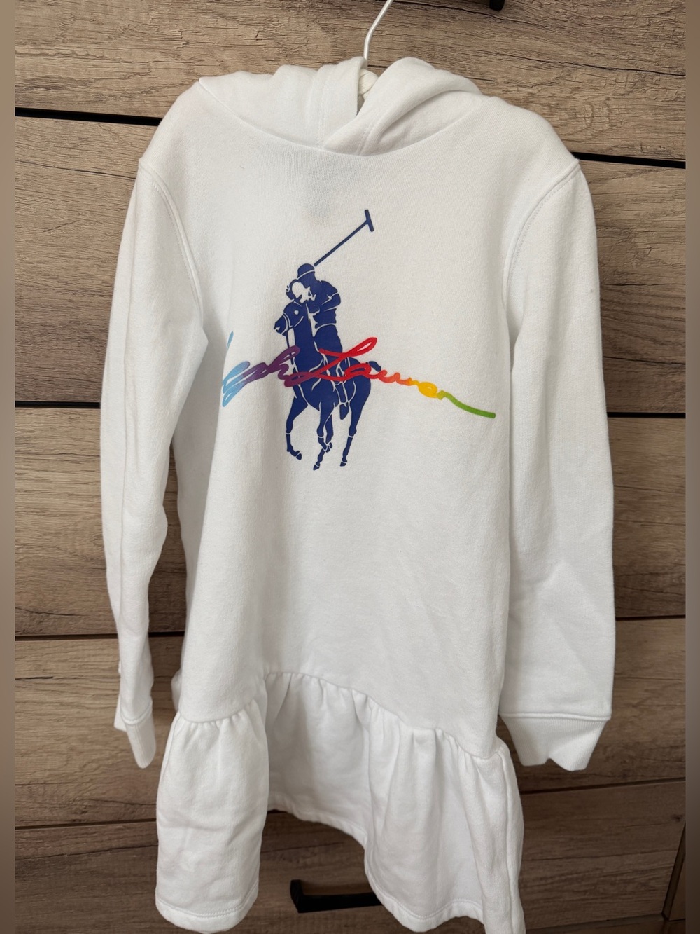 BRAND NEW Polo Ralph Lauren Girls White Hoodie Dress with Rainbow Polo Player